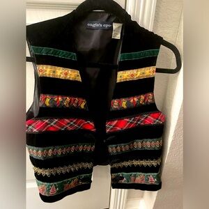 Vintage Eagles Eye Vest Black Velvet Plaid Silk Ribbon Trim Preppy Artsy Medium